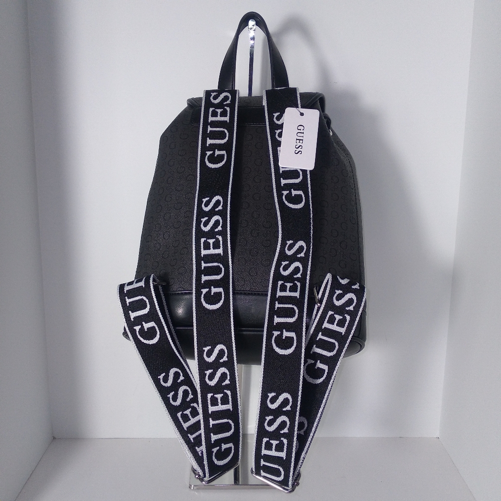 GUESS Black & Grey Monogram Faux Leather Backpack - Picture 8 of 14